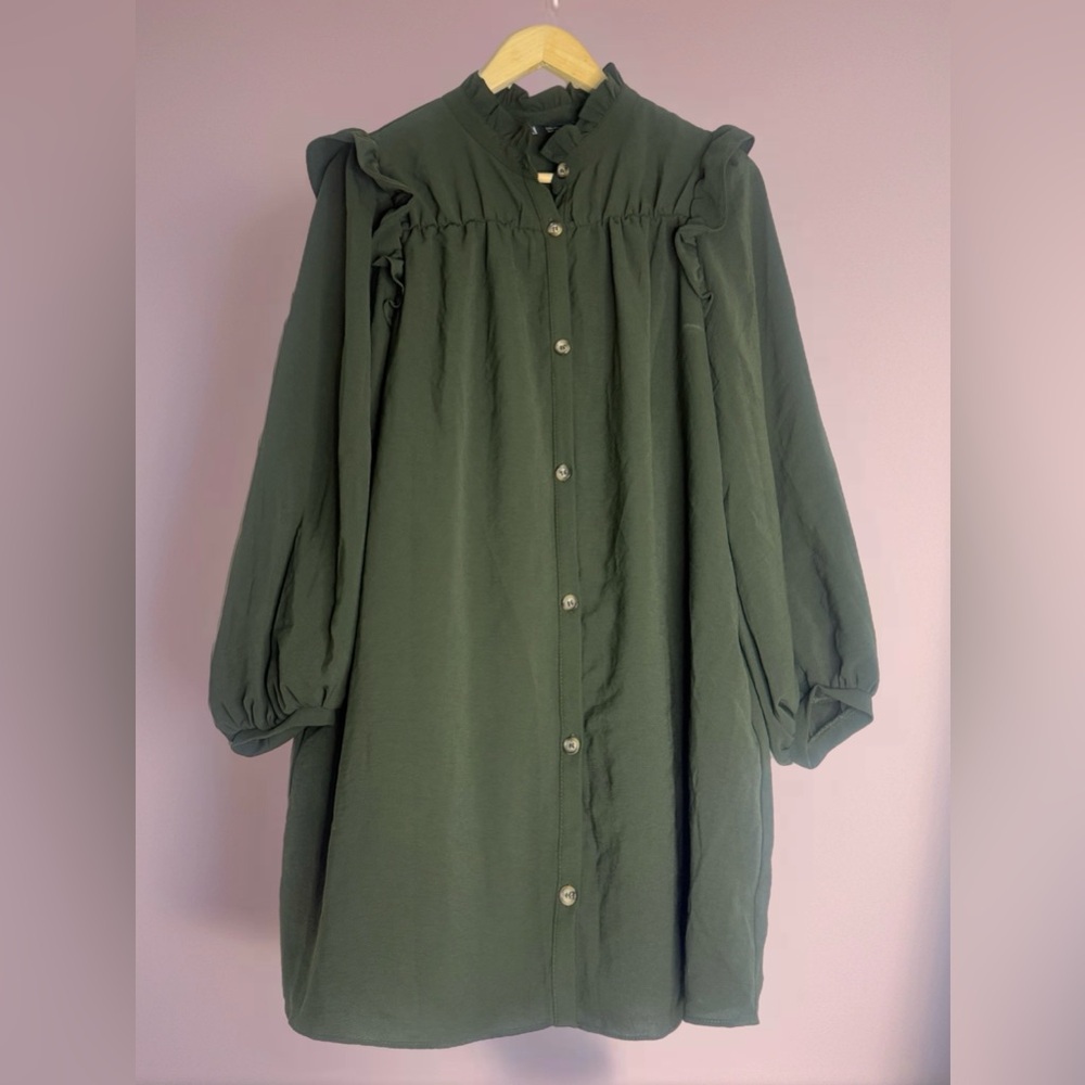 Zara Green Ruffle Trim Button Down Dress